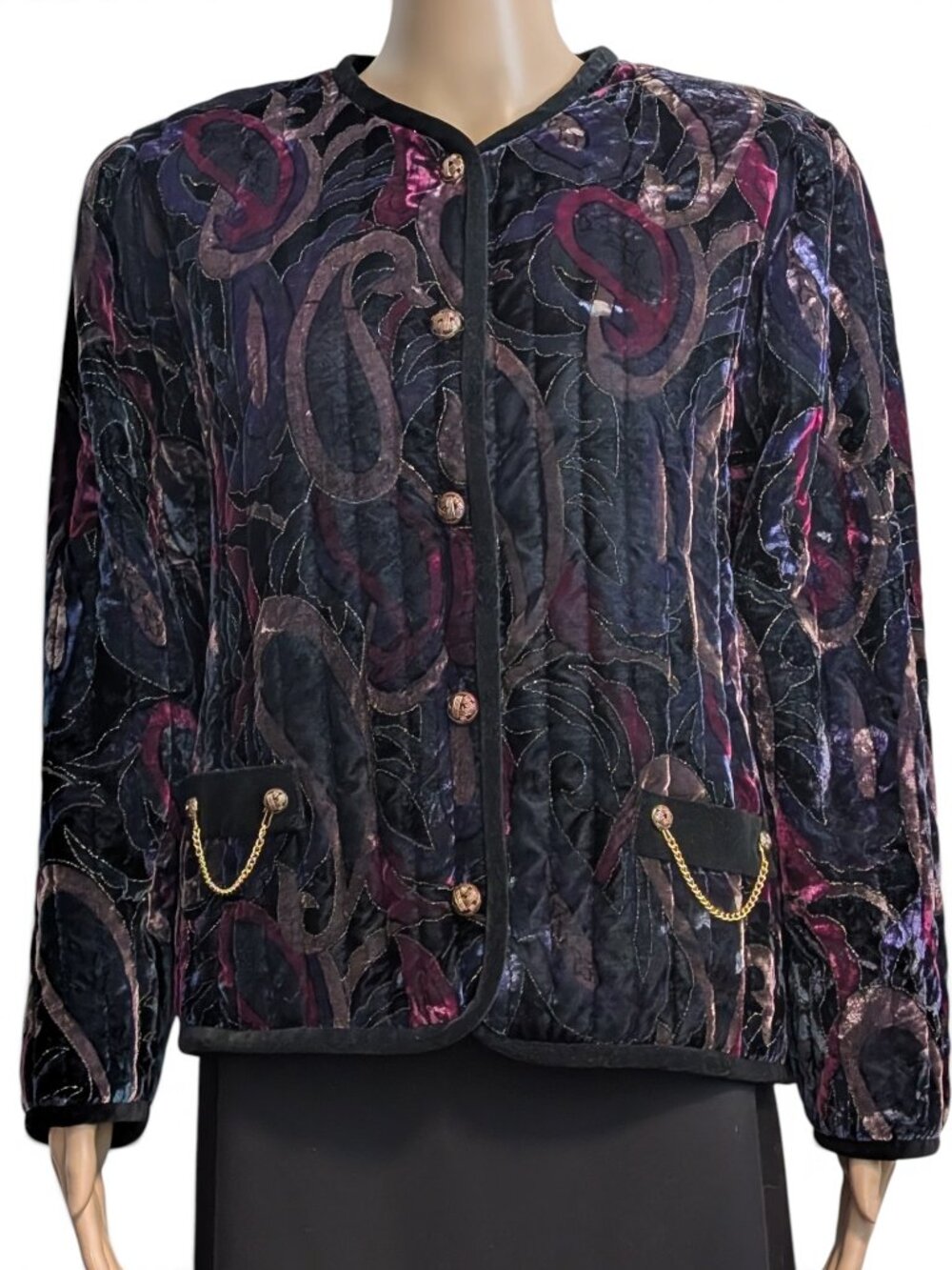 Vintage Morini Quilted Velvet Paisley Jewel Tone Button Front Jacket 13